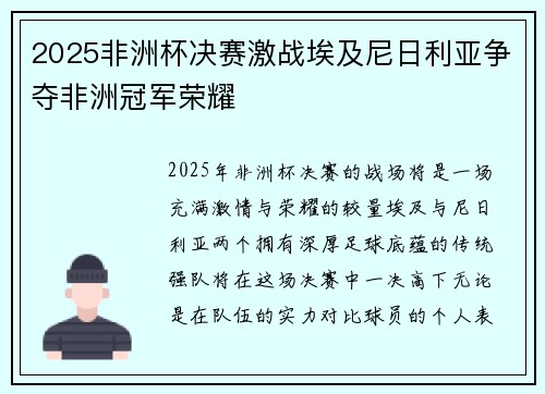 2025非洲杯决赛激战埃及尼日利亚争夺非洲冠军荣耀